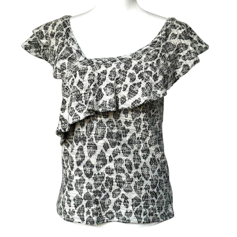 ANTHROPOLOGIE DOLAN Womens XS White Black Texture Sleeveless Savannah Ruffle Top